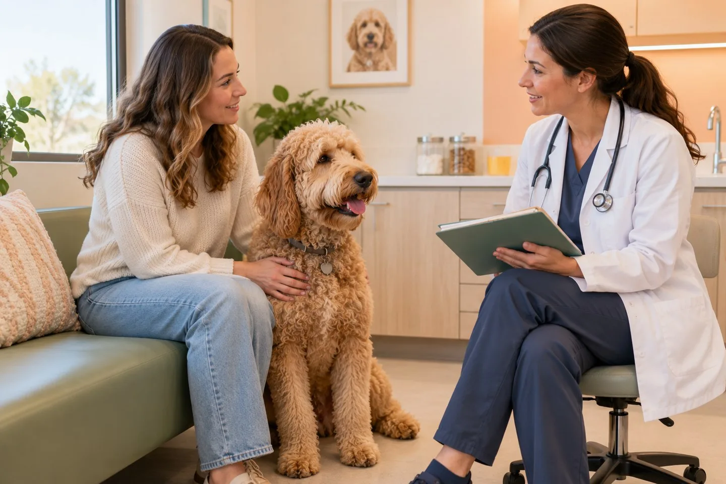 Curly apricot Goldendoodle sitting with an owner during a veterinary consultation